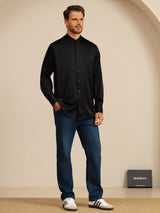[Zwart] SilkSilky-NL Long Sleeve Stand Collar Heren Shirt 008