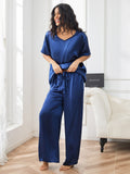 SilkSilky NL Pure Silk Korte Mouw V Hals Dames Pyjama Set Donkerblauw 004