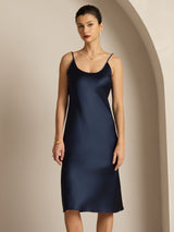 [Donkerblauw] SilkSilky-NL Spaghetti Strap U-hals Jurk 006