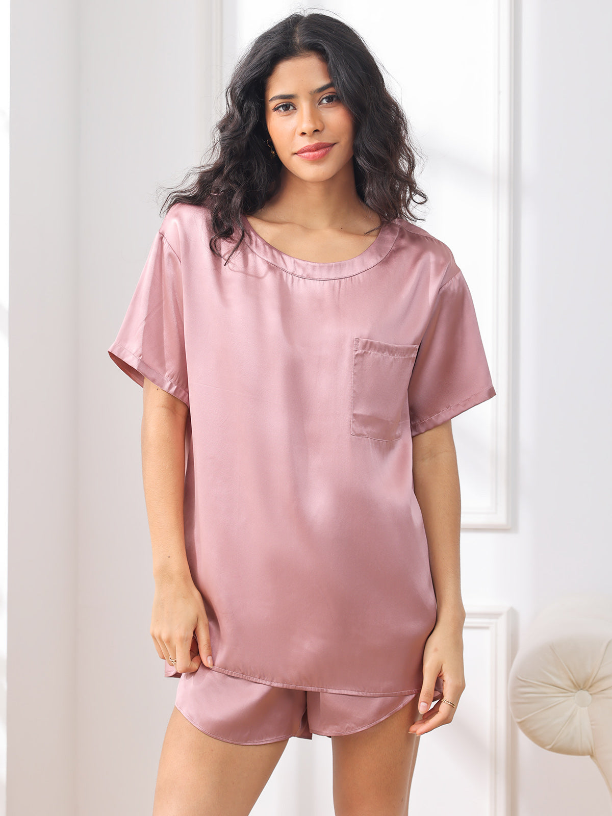 SilkSilky NL Pure Silk Korte Mouw Ronde Hals Dames Pyjama Set BleekMauve 003