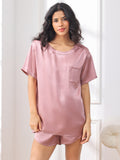 SilkSilky NL Pure Silk Korte Mouw Ronde Hals Dames Pyjama Set BleekMauve 001