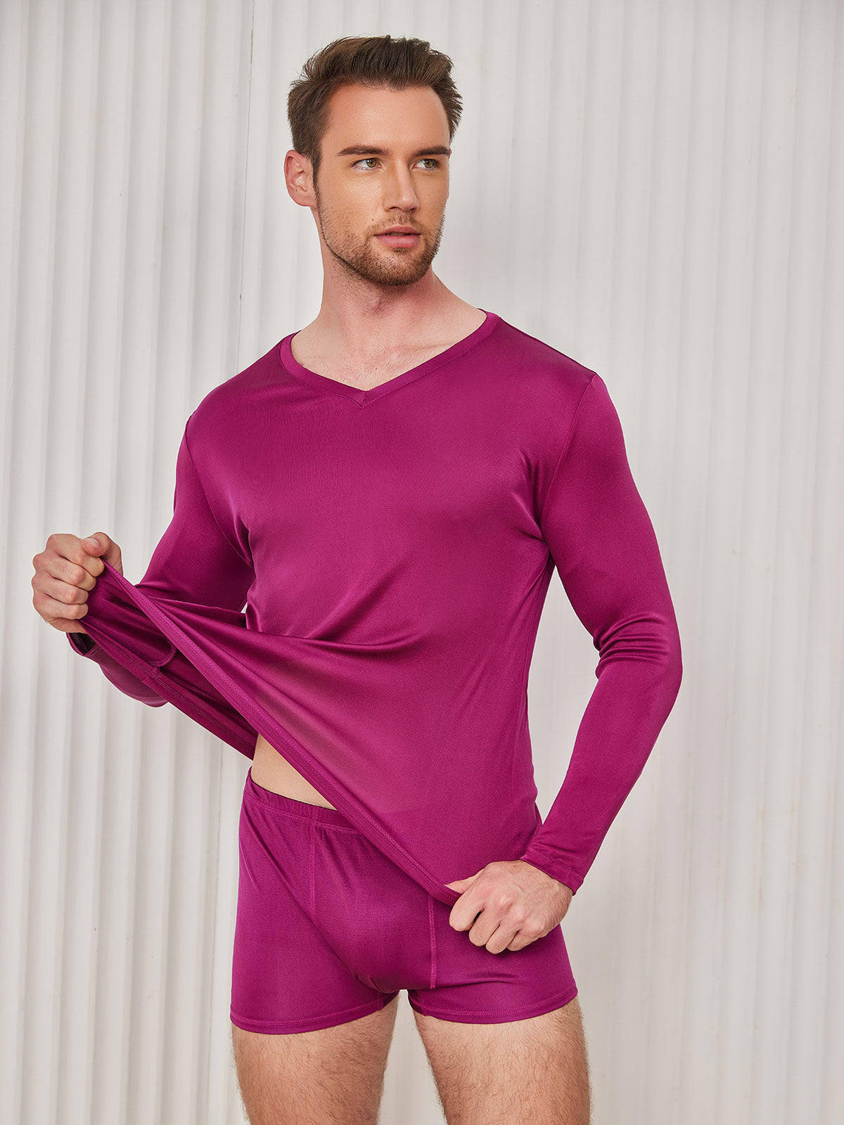[Donkerrood] SilkSilky-NL Zijde Gebreid Lange Mouw V-Hals Heren T-Shirt 004