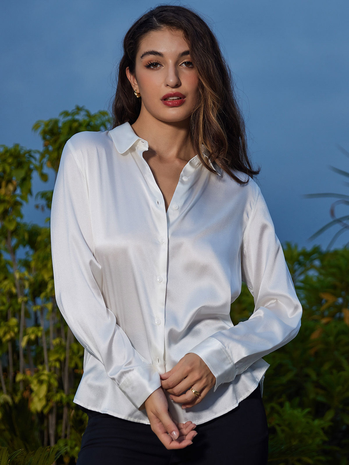 [Wit] SilkSilky-NL Zijde Kraag Dames Blouse 004
