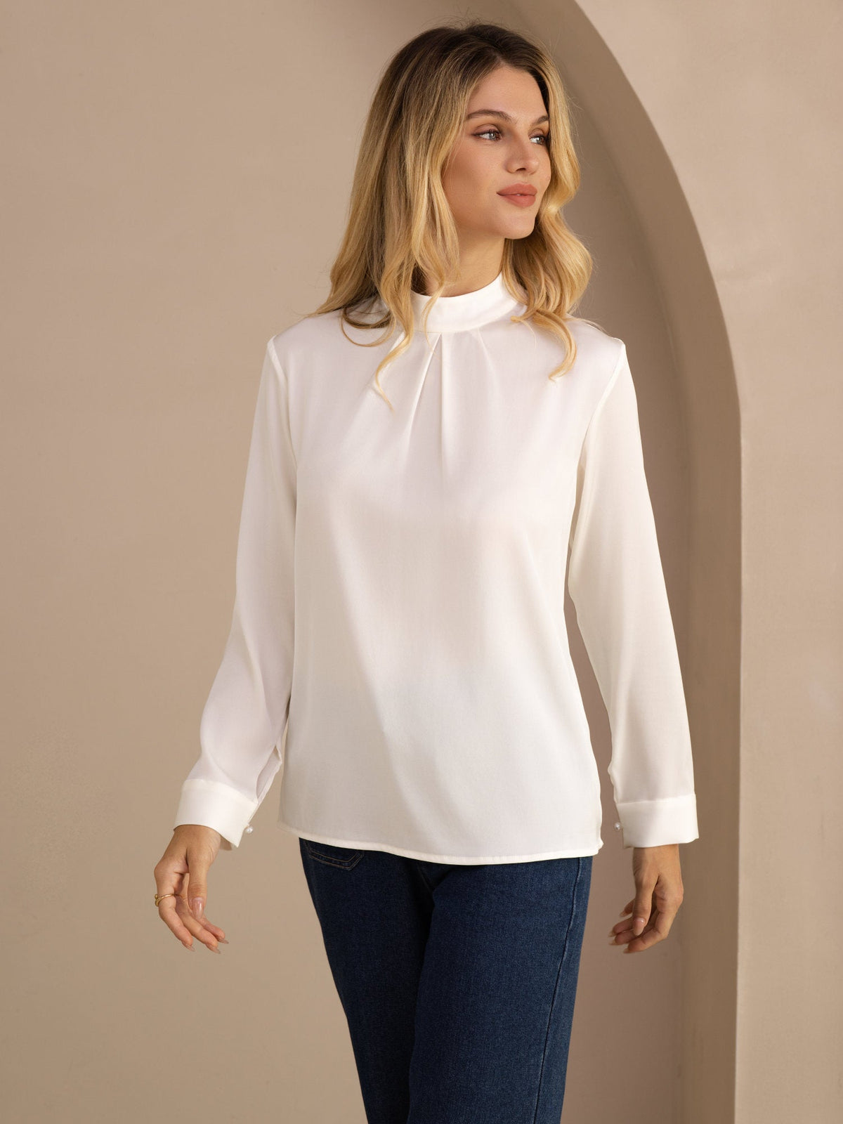 [Wit] SilkSilky-NL Long Sleeve Stand Collar Blouse 001