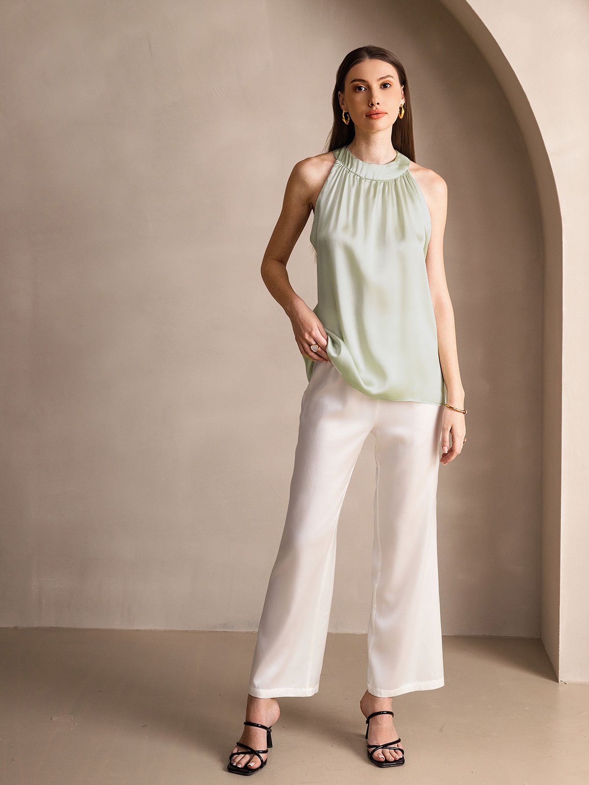 [Lichtgroene] SilkSilky-NL 19Momme Zijde Mouwloos Womens T-Shirt 005