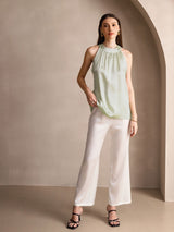 [Lichtgroene] SilkSilky-NL 19Momme Mouwloos Halter Dames T-Shirt 005