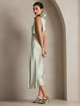[Lichtgroene] SilkSilky-NL 19Momme Stretch Silk Charmeuse Sleeveless Tie Neck Jurk 004
