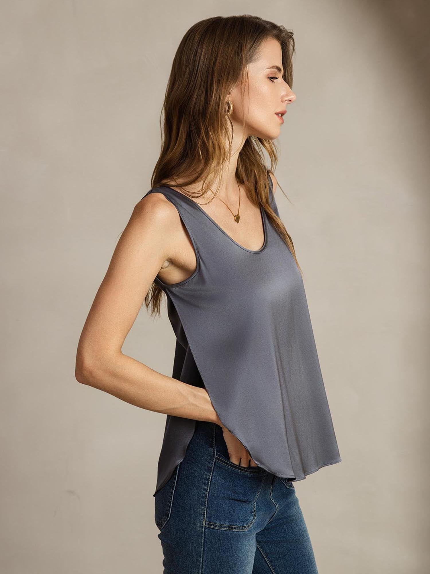 [Donkergrijs] SilkSilky-NL 19Momme Zijde Womens T-Shirt 004