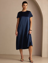 [Donkerblauw] SilkSilky-NL Short Sleeve Round Neck Jurk 003