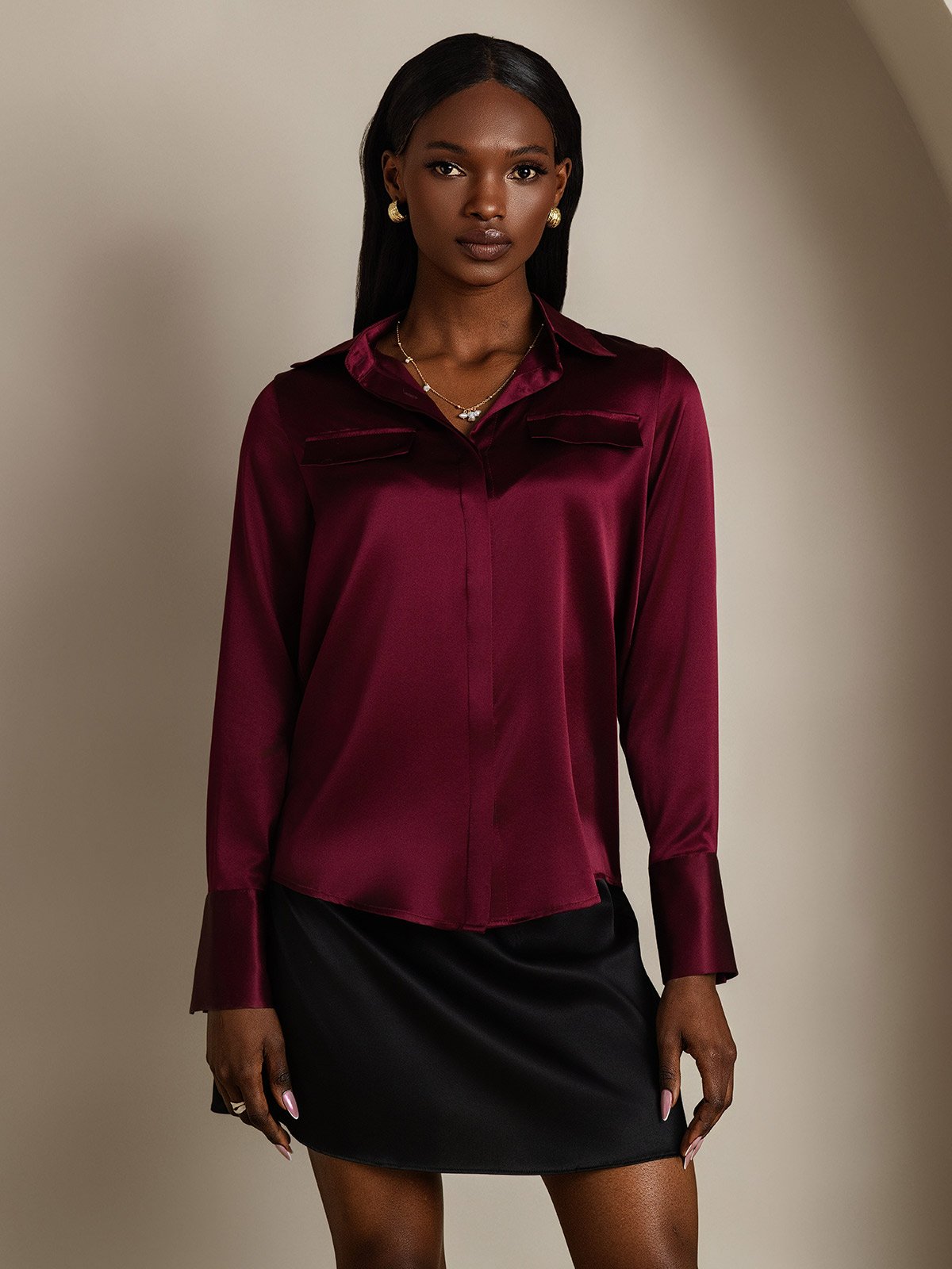 SilkSilky-NL 19Momme Zijde Lange Mouw Kraag Dames Blouse Donkerrood 004