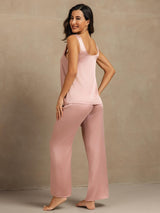 [Perzikhuid] SilkSilky-NL 19Momme Mouwloos Diepe Ronde Hals Dames Pyjama Set 002