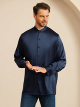 [Donkerblauw] SilkSilky-NL Long Sleeve Stand Collar Heren Shirt 005