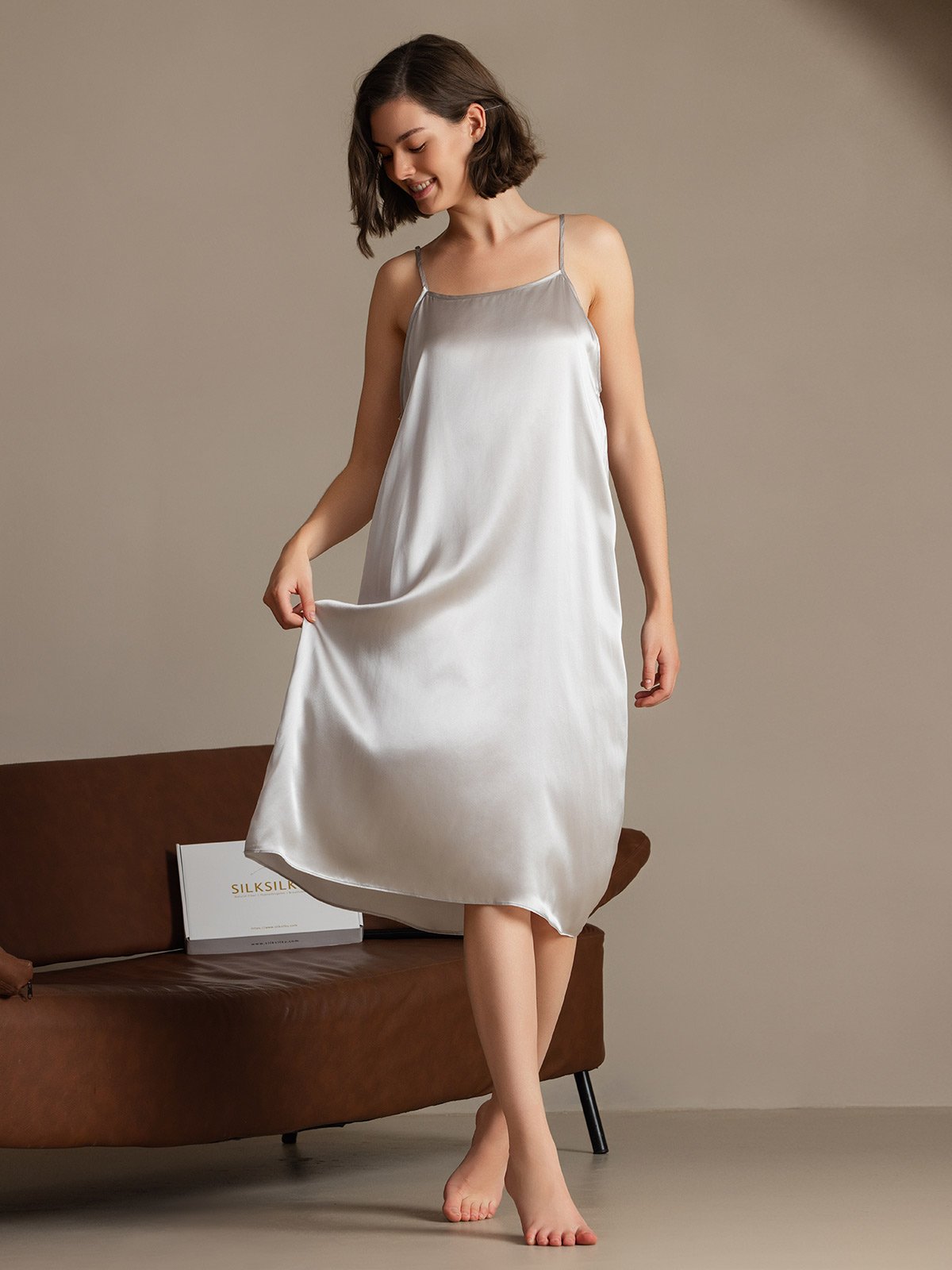 [Lichtgrijs] SilkSilky-NL 19Momme Zijde Mouwloos Dress 005