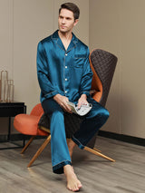 [Koningsblauw] SilkSilky-NL Lange Mouw Notchkraag Heren Pyjama Set 006