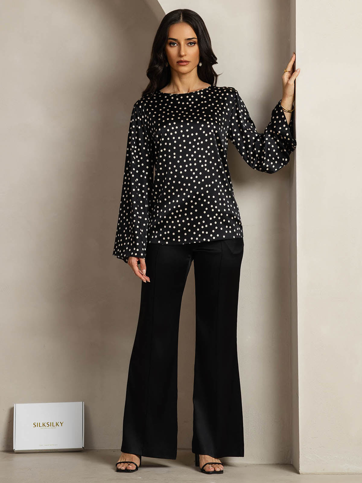 [Stippen] SilkSilky-NL 19Momme Zijde Ronde Hals Dames T-Shirt 003