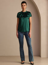 [Donkergroen] SilkSilky-NL Short Sleeve Split Blouse 005