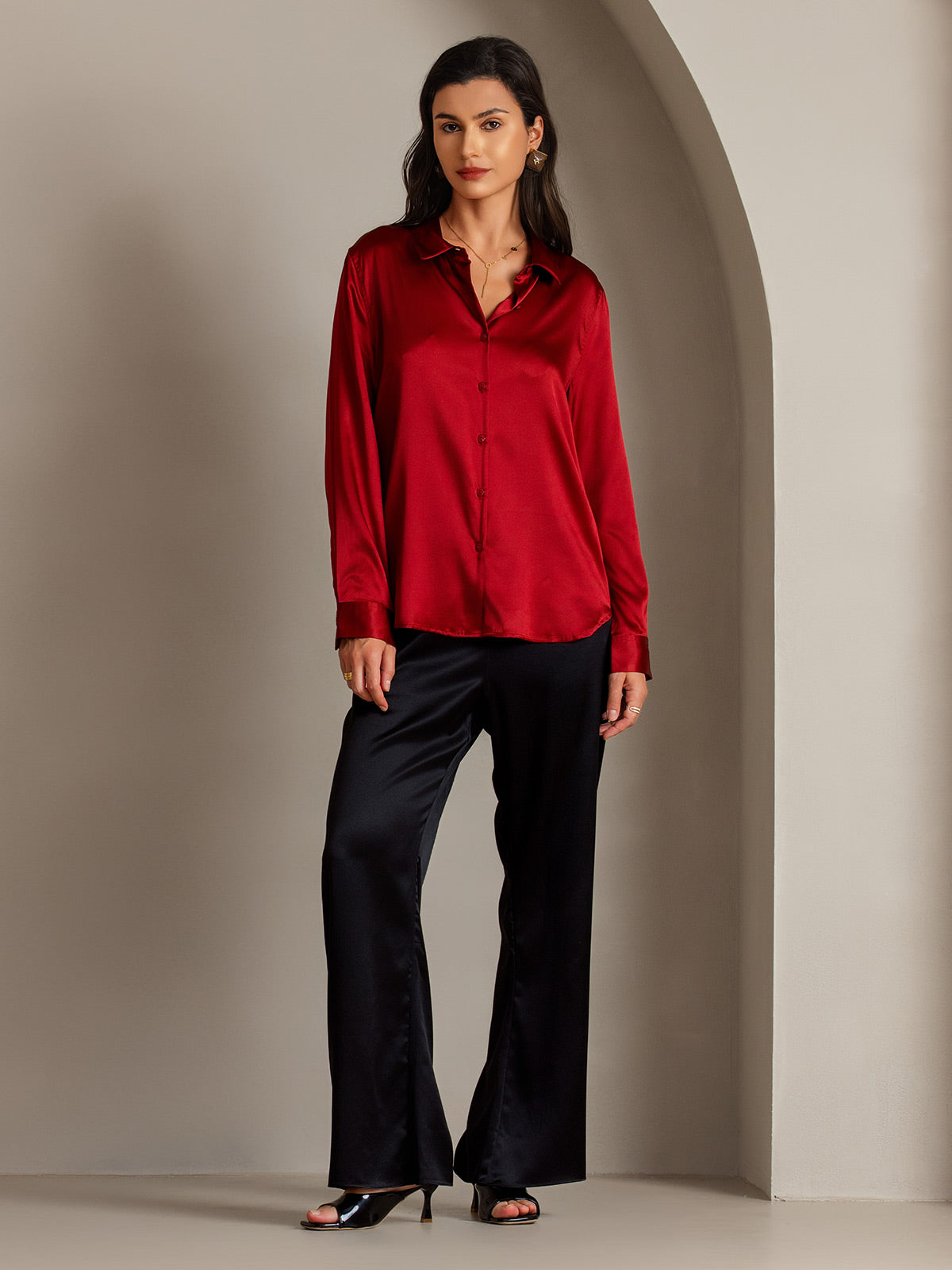 [Rode] SilkSilky-NL Zijde Kraag Dames Blouse 005