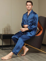 [Donkerblauw] SilkSilky-NL Pure Silk Lange Mouw Revers Heren Pyjama Set 006