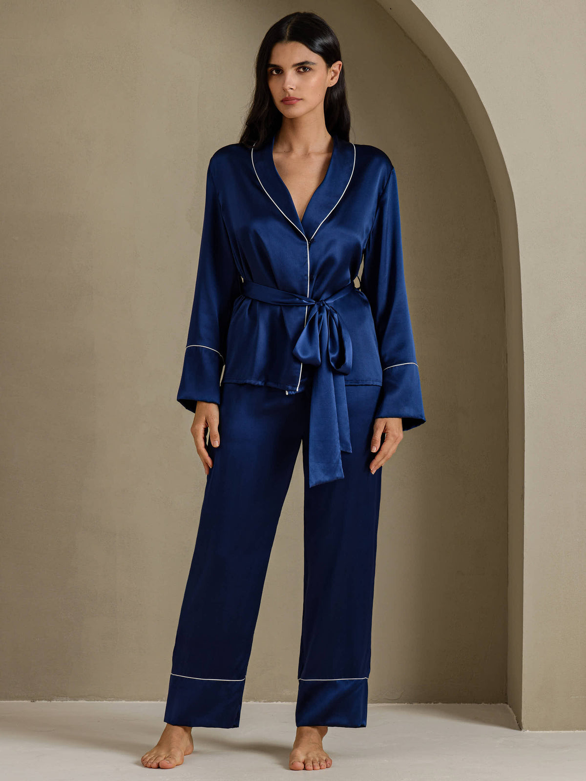 [Donkerblauw] SilkSilky-NL Long Sleeve Shawl Collar Dames Pyjama Set 001