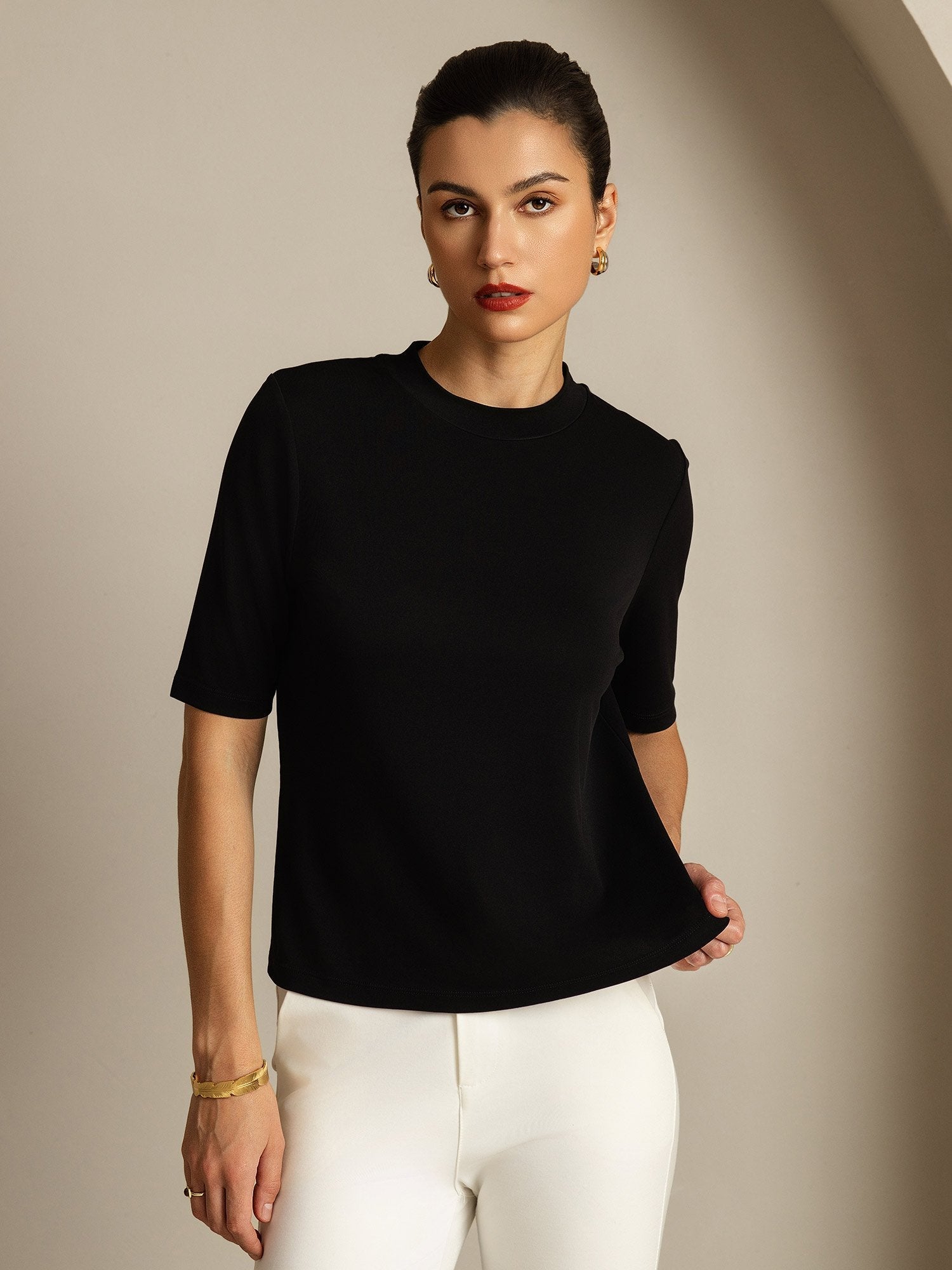 [Zwart] SilkSilky-NL Zijde Ronde Hals Dames T-Shirt 007