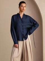 [Donkerblauw] SilkSilky-NL Long Sleeve Split Blouse 003