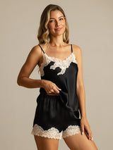 [Zwart] SilkSilky-NL Spaghetti Bandjes V Hals Cami-Set 006