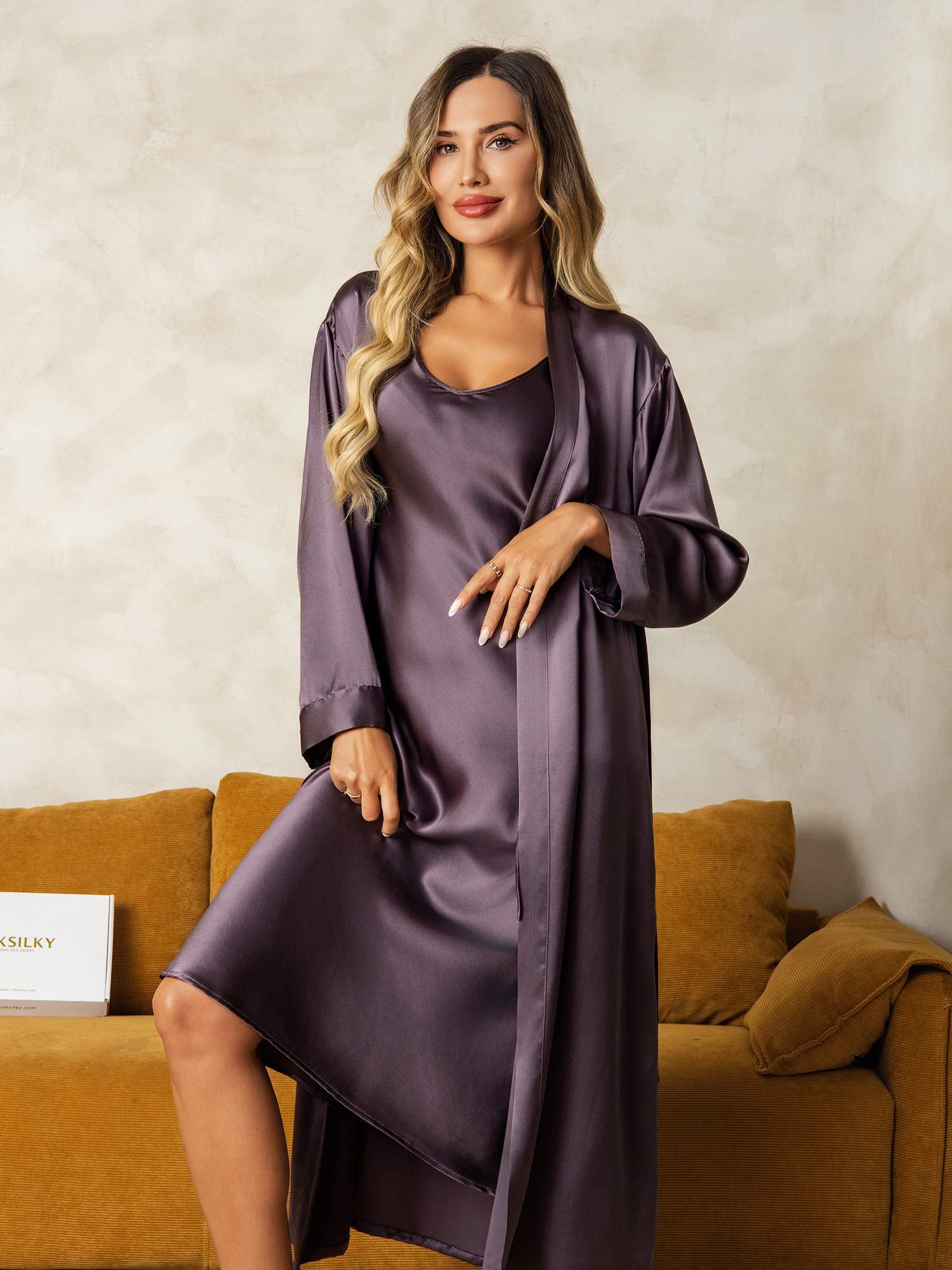 [PaarsGrijs] SilkSilky-NL Zijde Nightgown&Robe Set 003