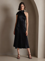 [Zwart] SilkSilky-NL 19Momme Stretch Silk Charmeuse Sleeveless Tie Neck Jurk 008