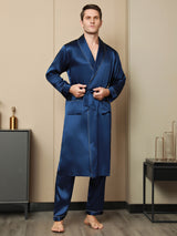 [Donkerblauw] SilkSilky-NL Pure Silk Lange Mouw Revers Heren Kamerjas 004