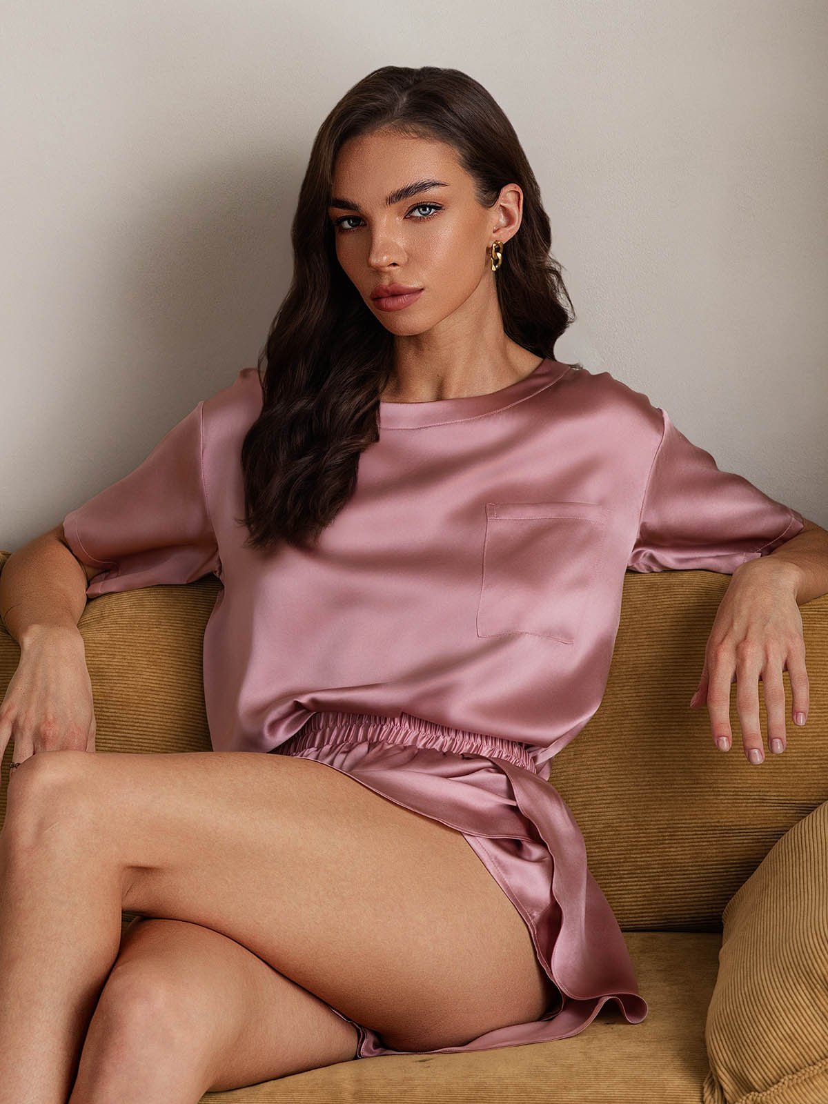 [Bleek Mauve] SilkSilky-NL Ronde Hals Dames Pyjama Set 003