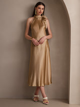 [Champagne] SilkSilky-NL 19Momme Stretch Silk Charmeuse Sleeveless Tie Neck Jurk 008