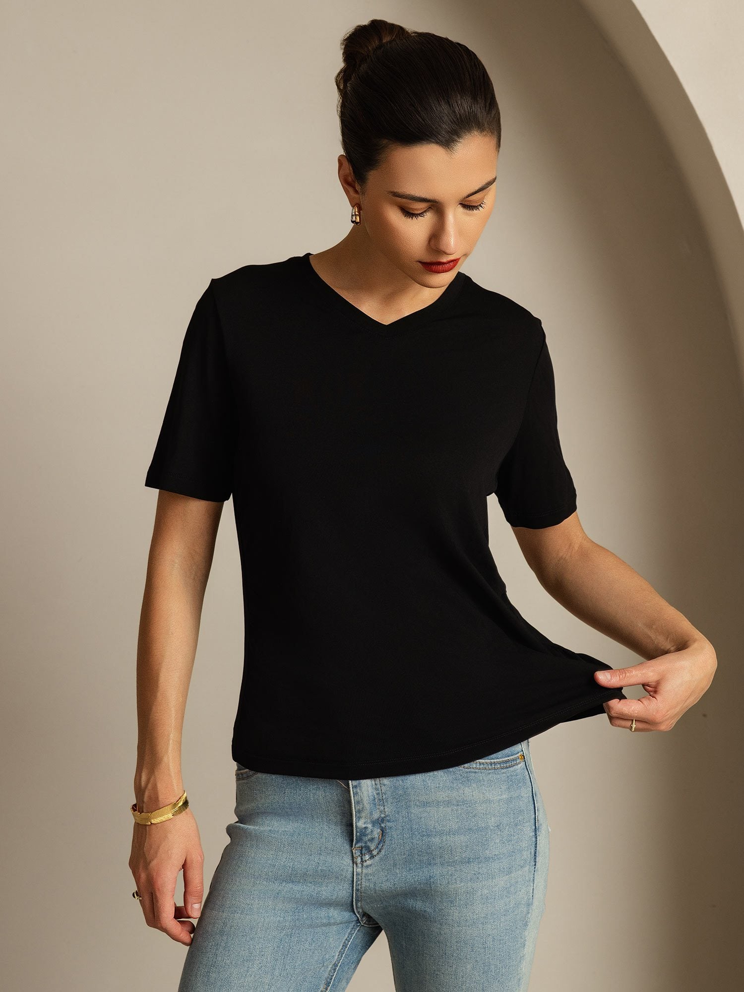 [Zwart] SilkSilky-NL Zijde Womens T-Shirt 003