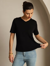 [Zwart] SilkSilky-NL Korte Mouw V Hals Dames T-Shirt 003
