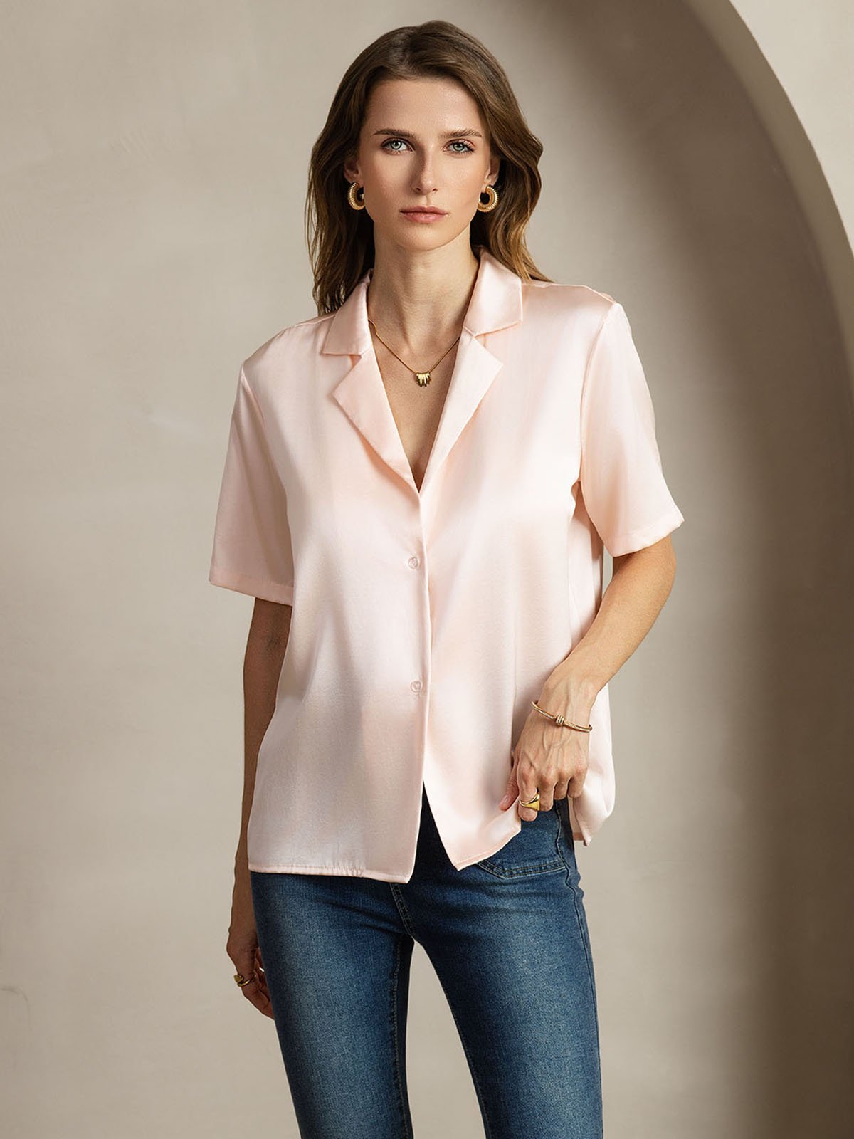 [Roze] SilkSilky-NL 19Momme Zijde Inkeping Dames Blouse 005