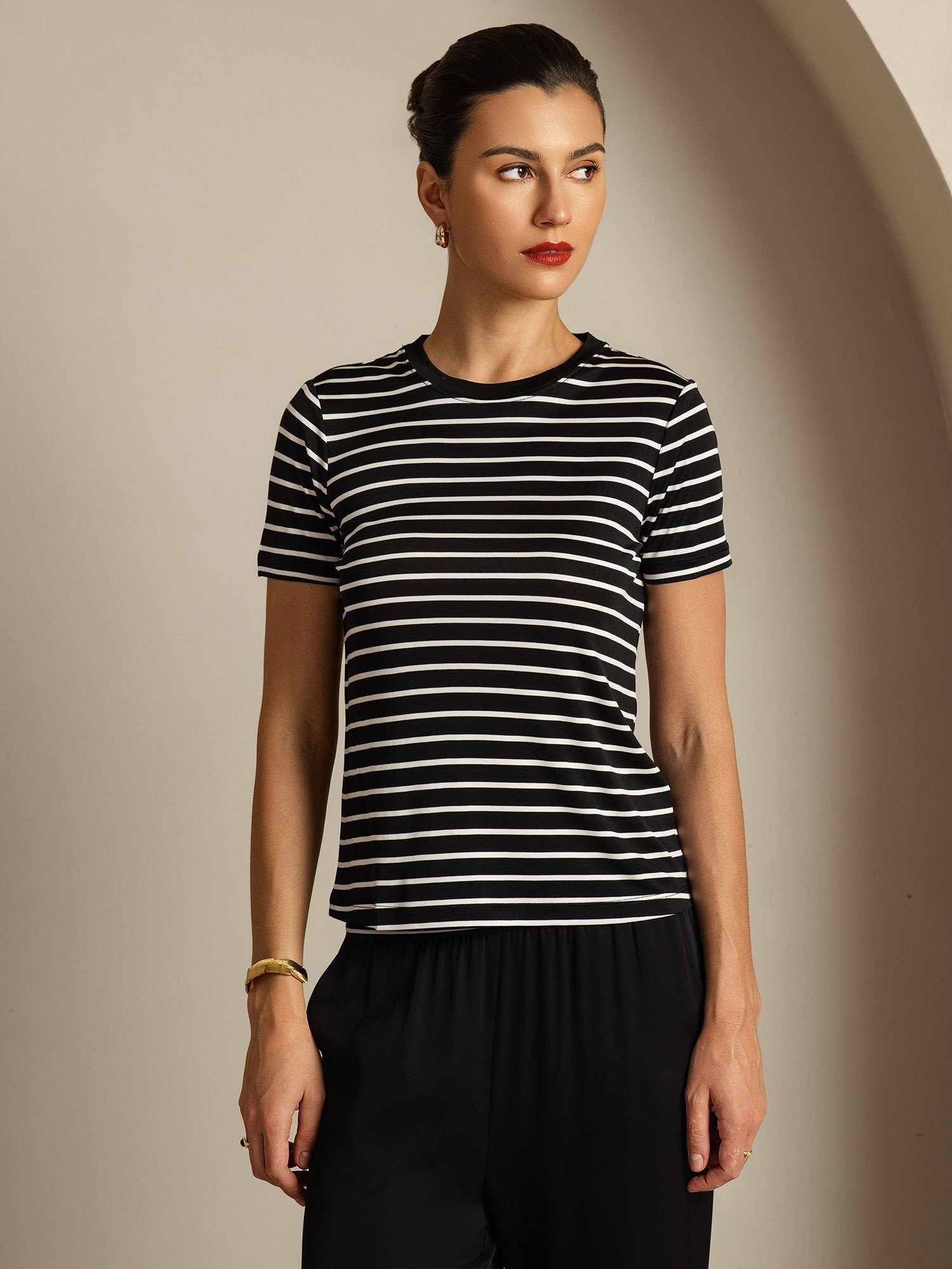 [ZwarteStreep] SilkSilky-NL Zijde Ronde Hals Dames T-Shirt 003