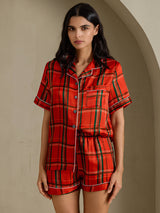 [Rood Geruit] SilkSilky-NL Short Sleeve Notch Collar Dames Pyjama Set 003