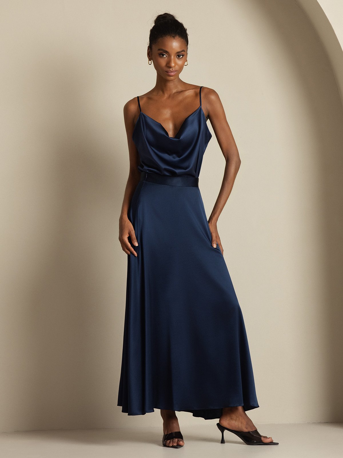 [Donkerblauw] SilkSilky-NL 19Momme Spaghetti Bandjes Waterval Hals Women''s Outfit Sets 003