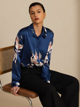 [Donkerblauw] SilkSilky-NL Long Sleeve Lapel Collar Dames Blouse 003