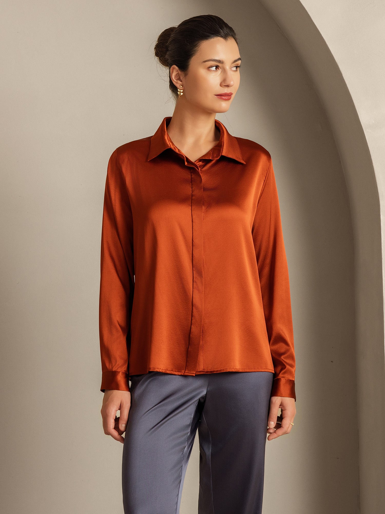 [Karamel] SilkSilky-NL 19Momme Zijde Kraag Dames Blouse 005