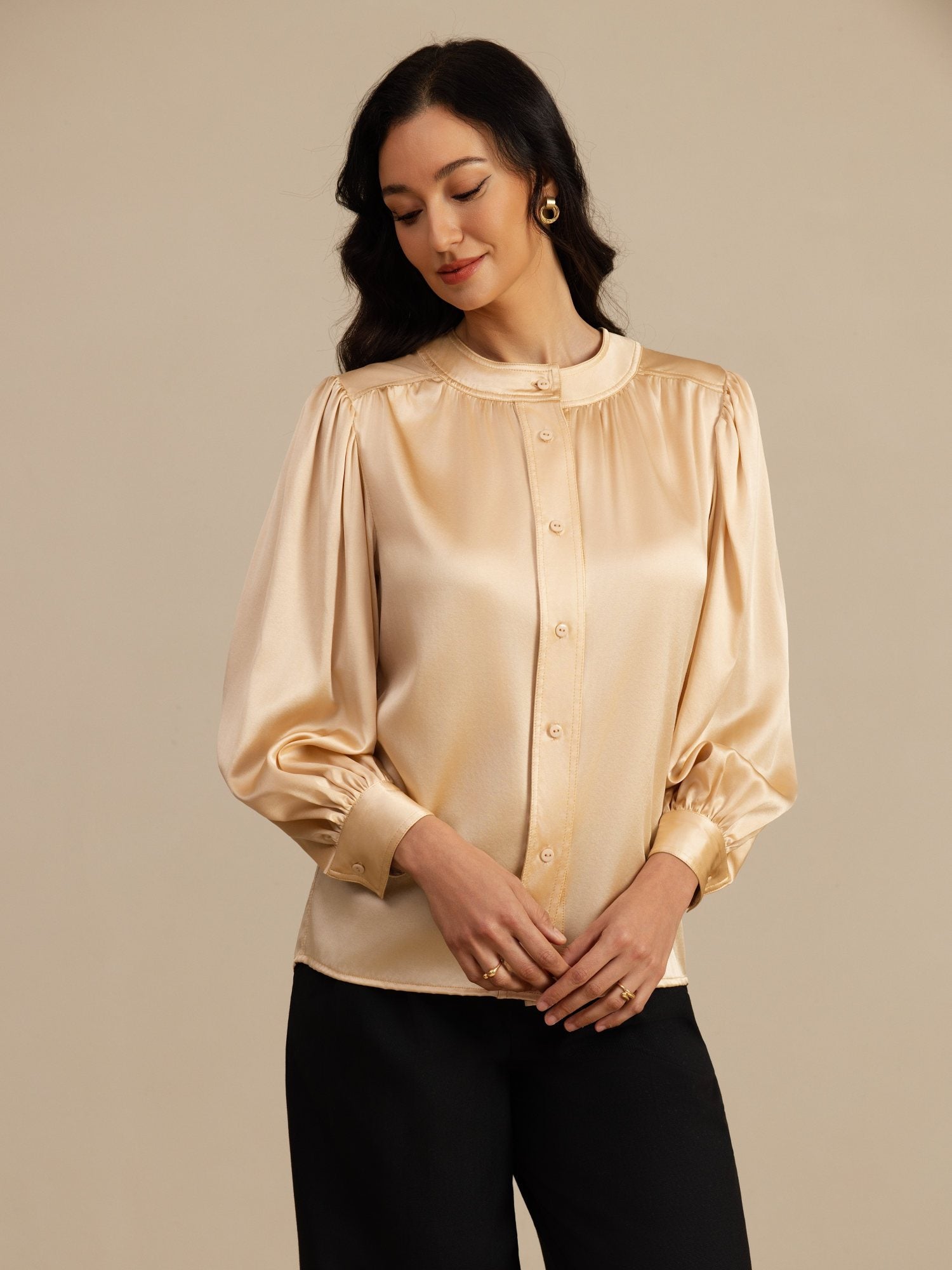 [Champagne] SilkSilky-NL 19Momme Long Sleeve Round Neck Blouse 001