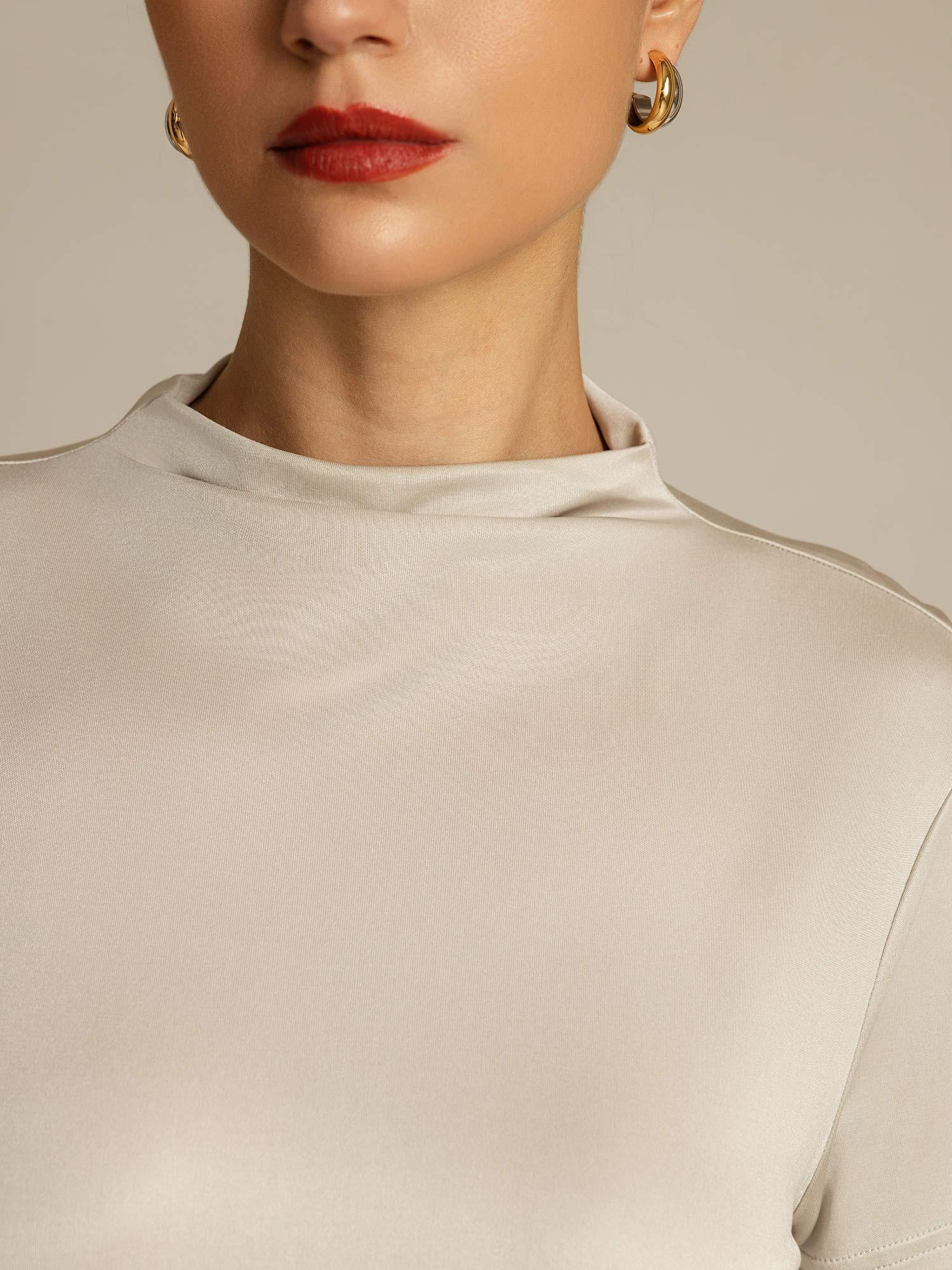 [Grijs] SilkSilky-NL Zijde Kraag Dames T-Shirt 004