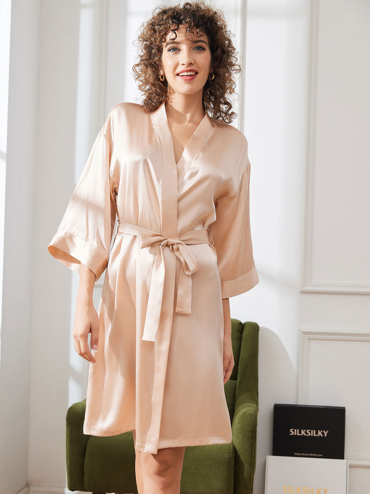 [Champagne] SilkSilky-NL Pure Silk Halve Mouw Womens Robe 003