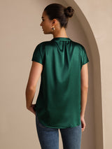 [Donkergroen] SilkSilky-NL Short Sleeve Split Blouse 002