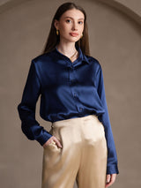 [Donkerblauw] SilkSilky-NL 19Momme Lange Mouw Reverskraag Dames Blouse 005