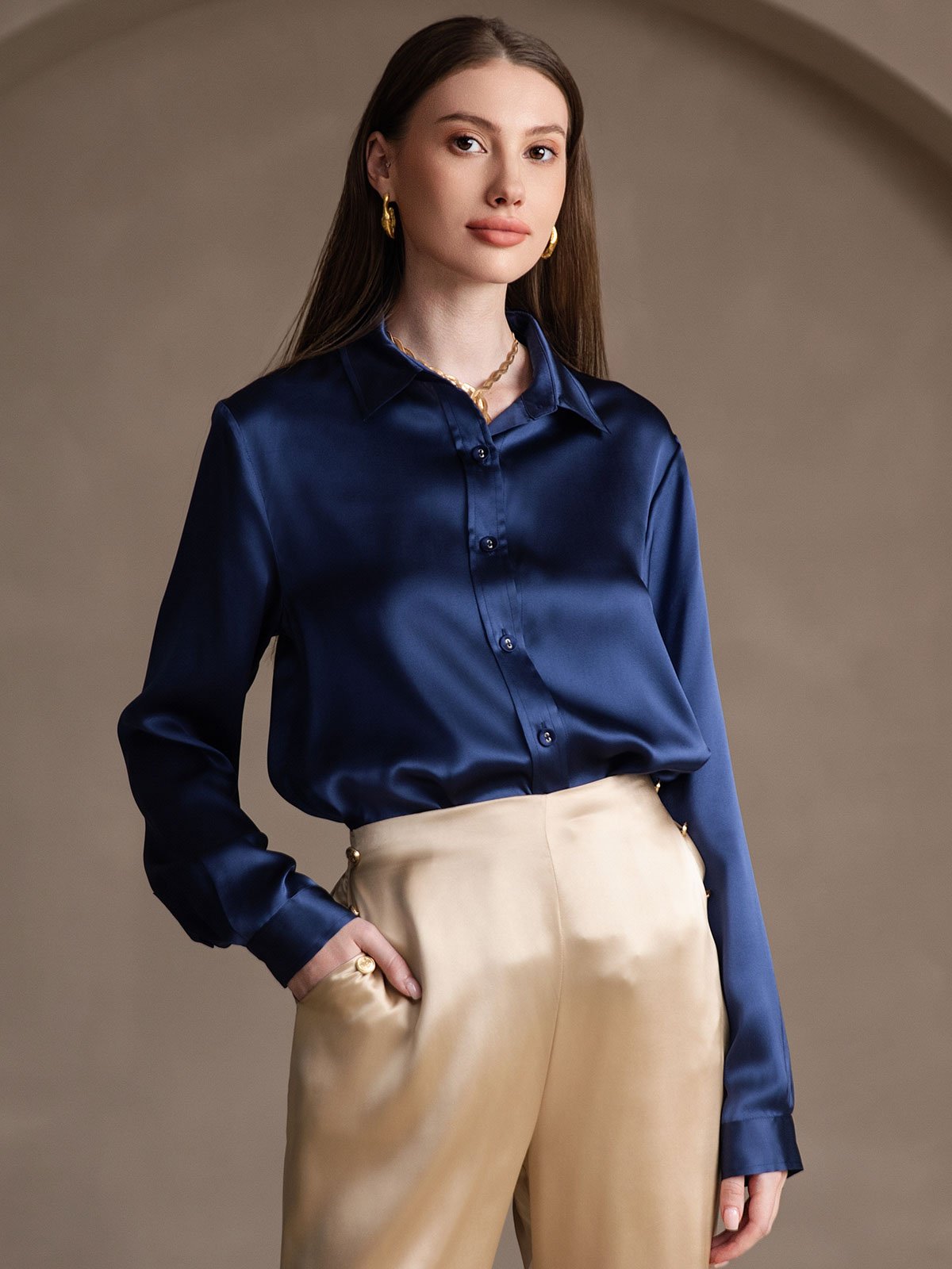 SilkSilky-NL 19Momme Zijde Lange Mouw Kraag Dames Blouse Donkerblauw 005