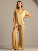 [Tan] SilkSilky-NL 19Momme Korte Mouw Dames Pyjama Set 003