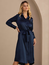 [Donkerblauw] SilkSilky-NL Long Sleeve Lapel Collar Jurk 001