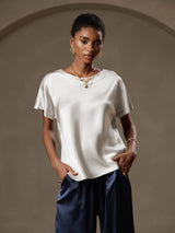 [Lichtgrijs] SilkSilky-NL 19Momme Korte Mouw Boat Hals Dames T-Shirt 001