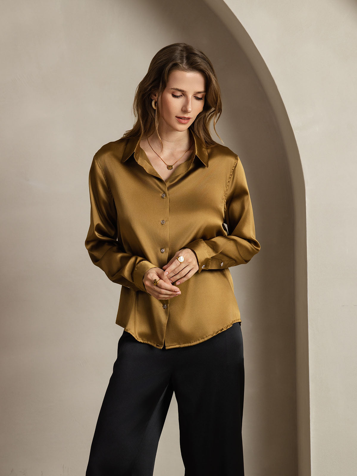 [Brons] SilkSilky-NL Zijde Kraag Dames Blouse 006