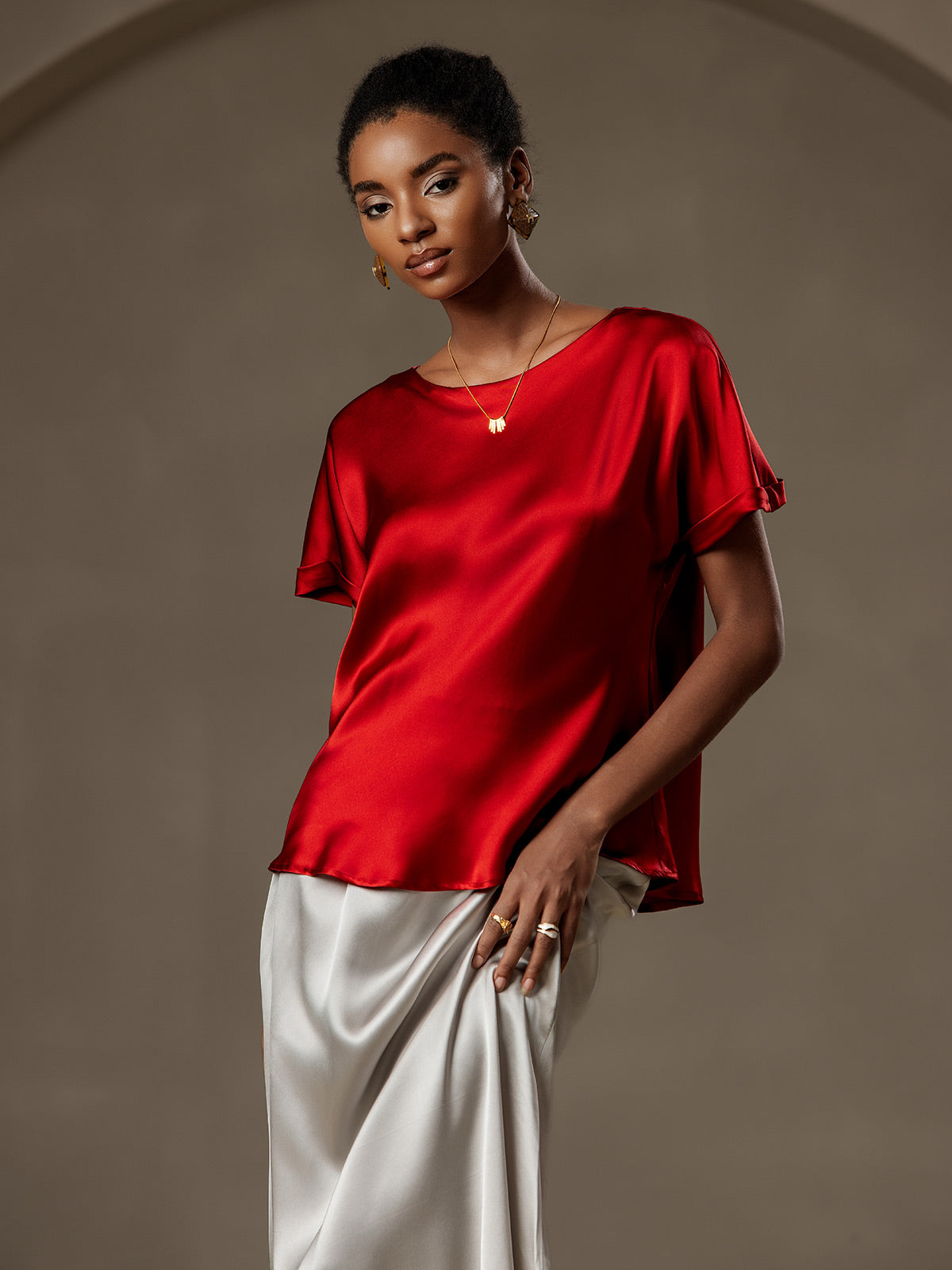 [Wijn] SilkSilky-NL 19Momme Zijde Ronde Hals Dames T-Shirt 001
